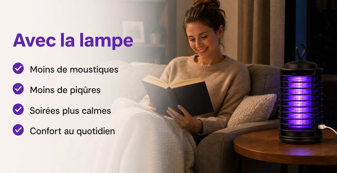 Avec la lampe : moins de moustiques, moins de piqûres, soirées plus calmes, confort au quotidien.