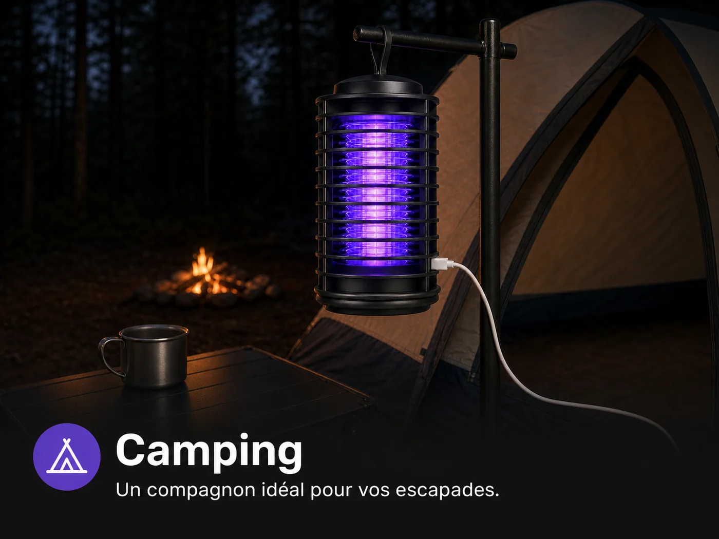 La lampe suspendue près d’une tente en camping — un compagnon idéal pour vos escapades.